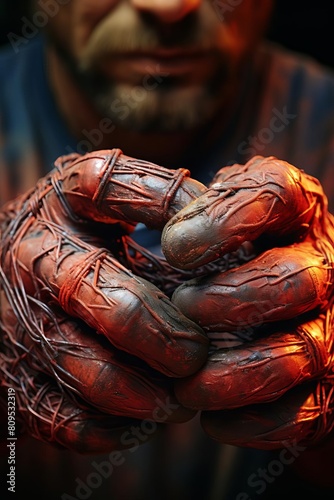 Detail shot of a construction engineer s hands as they splice iron wire, clear focus on the texture of the wire