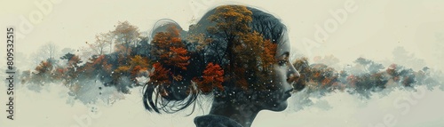 A double exposure portrays a woman harmoniously fused with elements of a peaceful natural landscape AI Generate