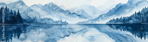 A serene watercolor landscape of tranquil mountains reflected in a calm lake, embodying calming rhythms AI Generate