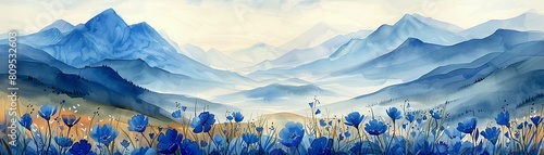 Calming rhythms flow through a watercolor landscape of mountains and a vibrant flower field AI Generate