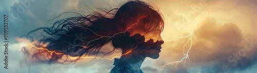 Storm clouds and lightning blend into the silhouette of a sad woman in a poignant double exposure AI Generate