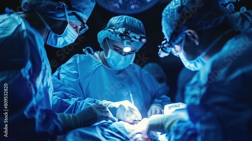 Team of unrecognizable surgeon doctors are performing heart operation for patient from organ donor to save more life in emergency surgical room