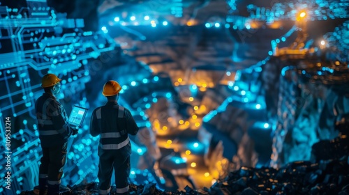 Two engineers in hard hats and safety vests use a digital tablet to monitor a futuristic underground mining operation.