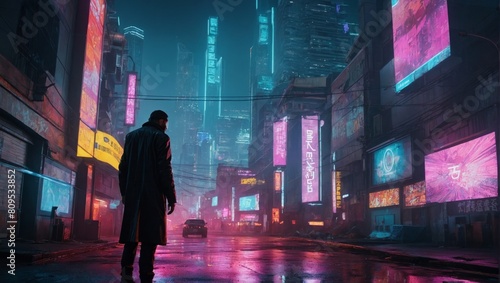 In the Shadows of Cyberpunk City: A Detective Stands in Dimly Lit Alleyway.