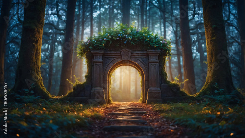 Enchanted Gateway, Teleport Portal Amidst Mystic Fairy Tale Forest