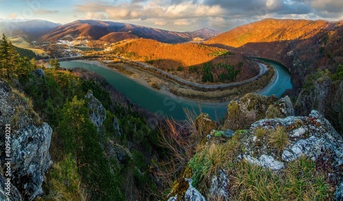 Scenic view of the bend of Vah river and Carpathian mountains panorama. Mala Fatra national park, Slovakia. Meander of Vah river, Kralovany near Martin and Ruzomberok