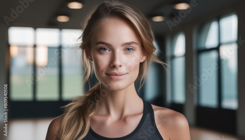 Portrait of a young woman standing in a yoga studio 