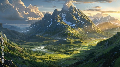 The stunning natural scenery of a mountain valley at sunrise