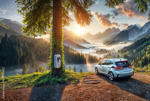 A scenic view of a misty valley surrounded by majestic mountains and forests, with an electric car charging from a station amidst the breathtaking natural scenery.
