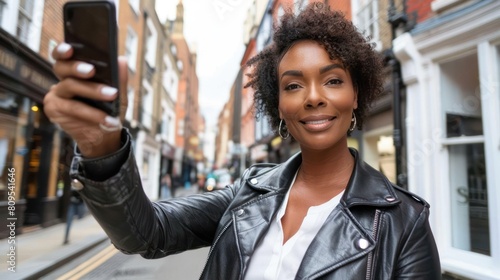 A black woman with short hair smiling while taking a selfie with her cell phone