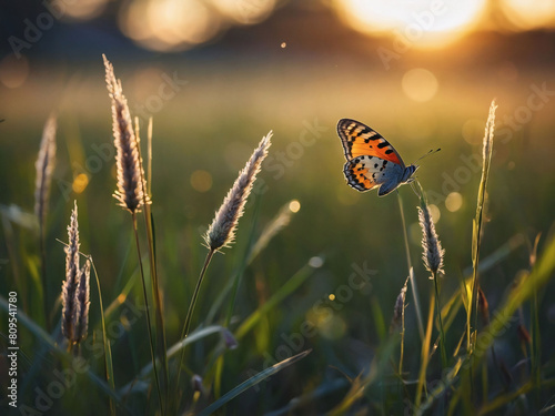 Ethereal Sunset, Abstract Field with Soft-Focus Grass and Flying Butterfly