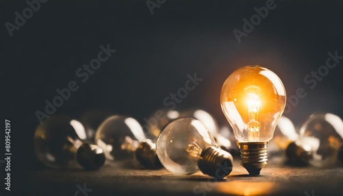One of Lightbulb glowing among shutdown light bulb in dark area with copy space for creative thinking