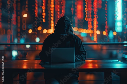 hacker in hood with his laptop is hacking