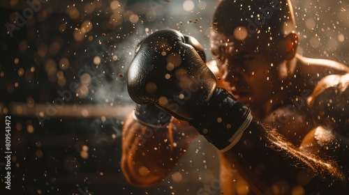 Unrecognizable man practicing boxing or kickboxing throwing punches and displaying power and athleticism in a training session,