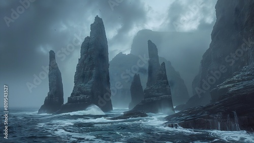  A rugged coastal landscape with towering sea stacks rising from the turbulent ocean, shrouded in mist under a moody sky. . 
