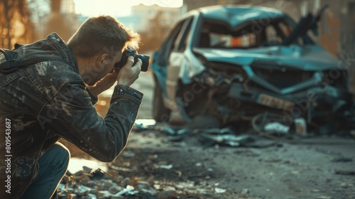 Unrecognizable man taking pictures of a broken car after an accident