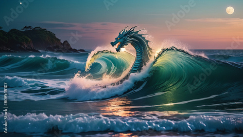 Glowing Celestial Lunar Tide Wave Dragon shape: A water wave resembling ocean waves illuminated by LED lights, but with a lunar twist, creating a serene and celestial motion that transforms the entire