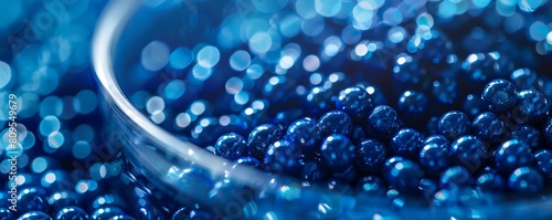 A detailed illustration of nuclear fuel pellets, showcasing their glossy, ceramiclike texture and deep blue color in a welllit laboratory setting