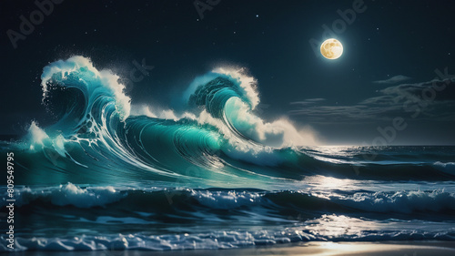 Glowing Celestial Lunar Tide Wave Dragon shape: A water wave resembling ocean waves illuminated by LED lights, but with a lunar twist, creating a serene and celestial motion that transforms the entire