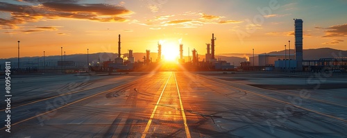 A serene image of a nuclear fuel handling area at dusk, with the setting sun casting long shadows over neatly arranged fuel rods
