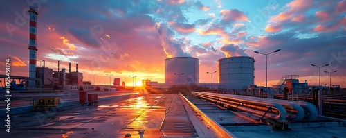 A serene image of a nuclear fuel handling area at dusk, with the setting sun casting long shadows over neatly arranged fuel rods