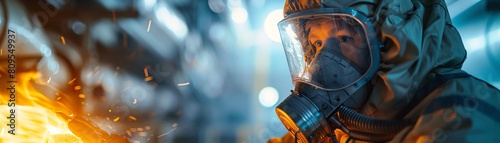 Artistic representation of an engineer in protective gear handling a glowing nuclear fuel rod at a power plant, emphasizing the intense light and energy