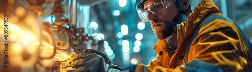 Artistic representation of an engineer in protective gear handling a glowing nuclear fuel rod at a power plant, emphasizing the intense light and energy