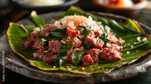 Beef stew is decorated with bright taro leaves, corned beef, sprinkled with onions and juicy coconut milk.