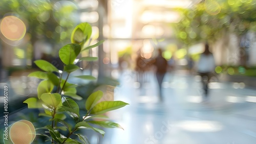 Blurry office building background with people green trees sunlight ecofriendly concept. Concept Office Building, Green Trees, Sunlight, Eco-Friendly, Blurry Background