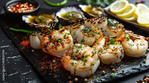 Grilled seafood. Squid, scallops, oysters, all sprinkled with black pepper, garlic and green chili pepper. Seasoned with Thai curry sauce with herbs.