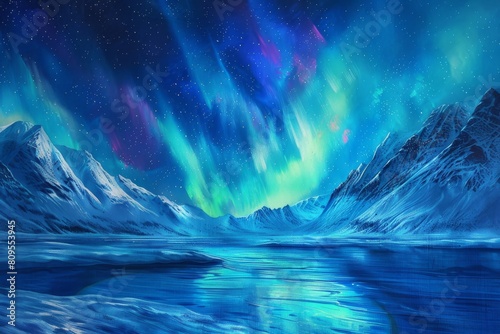 Northern Lights, Norway Winter Aurora Borealis Painting, Polar Lights, Copy Space
