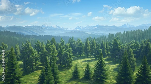 Summer scene aerial perspective of the forest pine trees and mountains