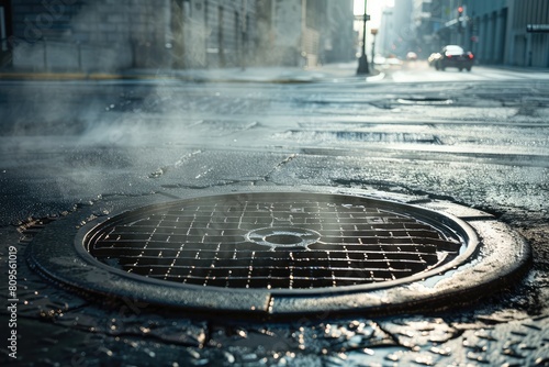 Sewer Manhole Steam Escaping on City Street, Heat Loss Concept, Urban Infrastructure, Ventilation System