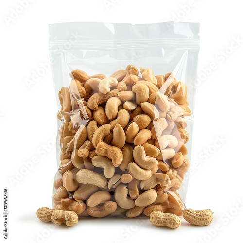 Salted roasted peanuts in a clear bag on a isolated white background