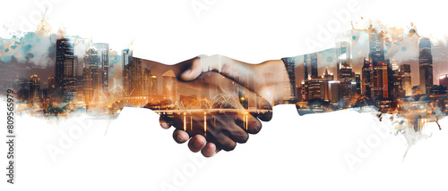 Business handshake, isolated on white or transparent background, double exposure
