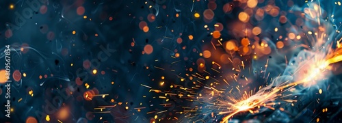 Closeup of sparks from welding against a dark blue background, with copy space for text, in the hyper realistic, cinematic style effect, with high resolution photography.