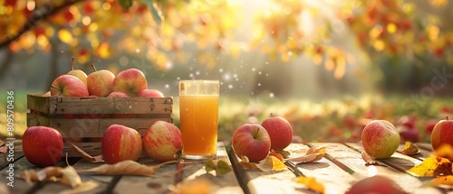 A wooden table with a sunny orchard backdrop and an Autumn concept with an Apple crate and glass of juice and copy space, Generative AI.