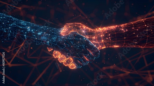 Handshake in digital futuristic style. The concept of partnership, collaboration or teamwork. illustration with light effect and neon