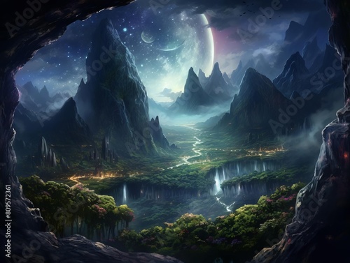Forbidden valley where the night sky swirls with unnatural colors and falling stars land but never fade