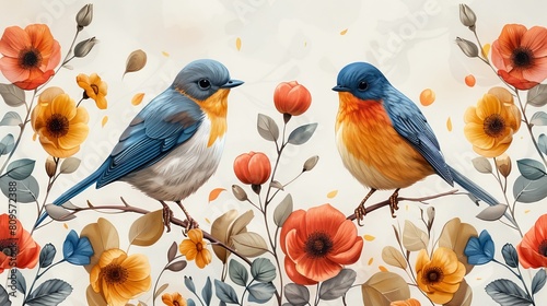 Illustration pattern background with birds and flower buds for free