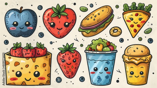 Doodle collection of colorful food and snack characters that are editable in modern format