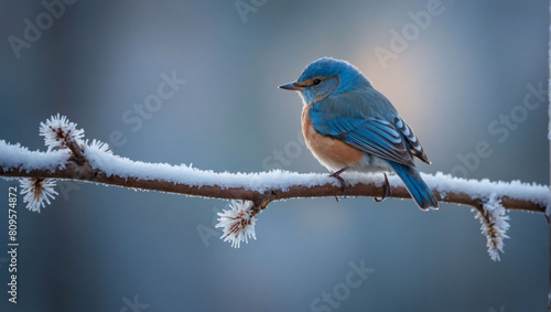 Icy Perch, Small Blue Bird Rests on Snow-Covered Branch on Frosty Morning, Capturing Serene Wildlife Scene