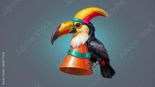 A brightly colored toucan is sitting on a gray background. The toucan has a long, pointed beak and a crest of feathers on its head. Its feathers are mostly black, with some yellow, blue, and green fea