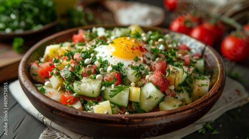 Traditional dishes of Armenian cuisine. Salad of vegetables with eggs.