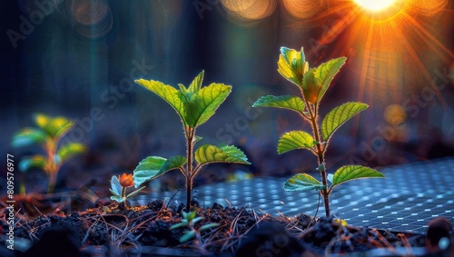 Stunning macro shot of vibrant young plant sprouts emerging from the damp earth, backlit by warm sunrays and abstract bokeh patterns, symbolizing growth, new beginnings, and nature's resilience.