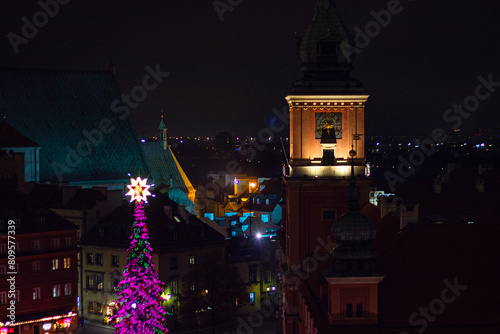 View from the Taras Widokowy observation deck on Royal Castle and Christmas tree in the Old Town (Stare Miasto) of Warsaw during Christmas holidays, Poland