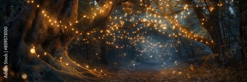 A magical pathway through an old forest is enchantingly lit by numerous fairy lights strewn across the trees