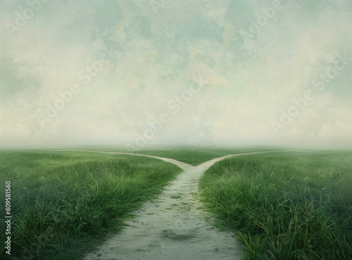 Crossroads with two diverging paths in misty landscape