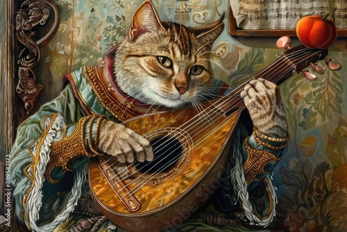 Cat Bard Plays his Lute, Cat Minstrel Song, Pet Troubadour Music, Medieval Cat Singer