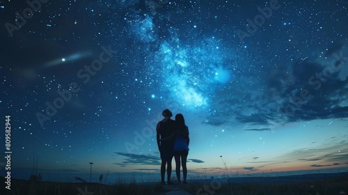young couple stargazing on a warm summer night under a blue sky